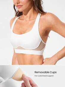GLOWMODE FeatherFit™-Sculpt Stamina Compressive Heart Shaped Neck Mesh Panels Racerback Adjustable Band Removable Cups Sports Bra Medium Impact Running Jogging Training Gym Studio Active Wear