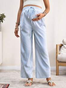 SHEIN Elastic Waist Striped Wide Leg Pants For Maternity - Blue - View 5