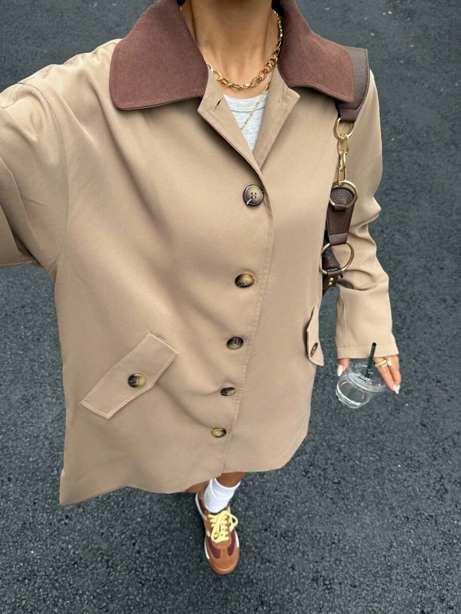 Muchica Fall Women Old Money Autumn Trench Coats Barnwind Y2k Back To School Fall Women's Casual Contrast Color Collar Trench Coat, Spring/Autumn - Khaki - View 1