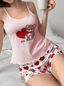 Cute Bear Print Camisole & Shorts Pajama Set Teddy Bear Pajama Set Cute Pajama Set For Women Tank Top Pj Set Pajama Set Tank Top Cute Sleep Wear Women - Dusty Pink - View 4