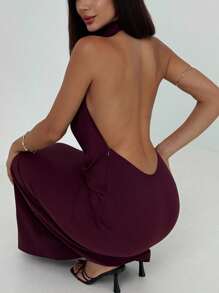 Aloruh New Sexy Backless, Sleeveless, Off-Shoulder Pleated Decor Slim Tummy Concealing Dress, Suitable For Cocktail Party, Music Festival, Vintage, Flowy, Eggplant Purple - Bold Plum - View 5