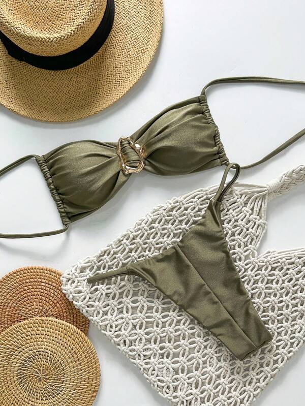 SHEIN Swim Springbreak Set bikini sexy pentru femei, culoare solidă, fără bretele, cu decor metalic, vară