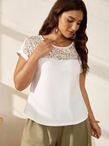 EMERY ROSE Plus Size Women Lace Splicing Bat Sleeve Round Neck T-Shirt - White - View 6