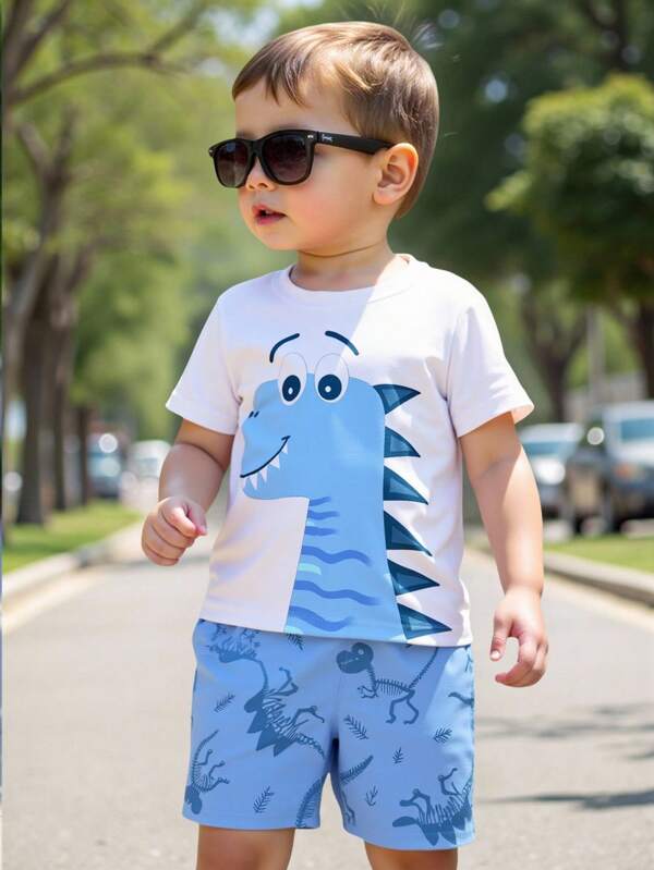 GraphicGems Conjunto de 2 peças de camiseta e shorts estampados com dinossauro T-Rex para bebês meninos, adequado para atividades diárias na primavera e no verão