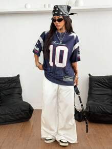 Coolane 女士和男士夏季外出返校节休闲比赛日 Y2K 透气网眼数字图案超大深蓝色平纹针织 T 恤 - 藏蓝色 - 查看 7