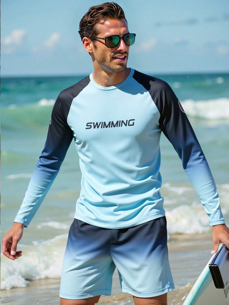 Manfinity VDAYZ Conjunto de camiseta rashguard con mangas raglán con estampado de letras y degradado para hombre, protección solar