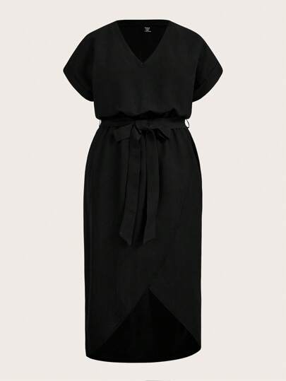 SHEIN BASICS Plus Size Casual Solid Color Woven Short Sleeve Round Neck Dress