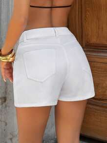 SHEIN Short en jean à taille haute avec plis et boutons devant