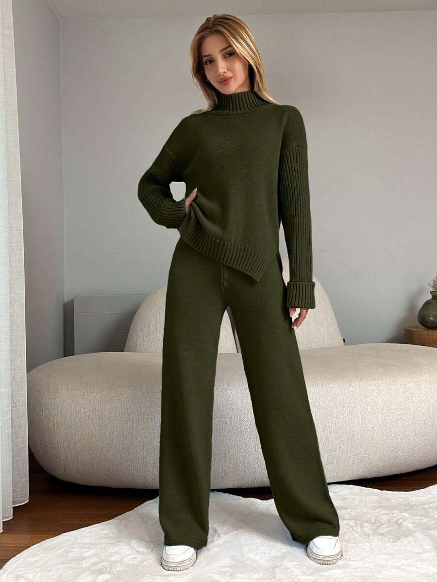 EURMUSE 2pcs/Set Women High Neck Dolman Sleeve Sweater And Knit Pants Casual Outfit - Army Green - View 1