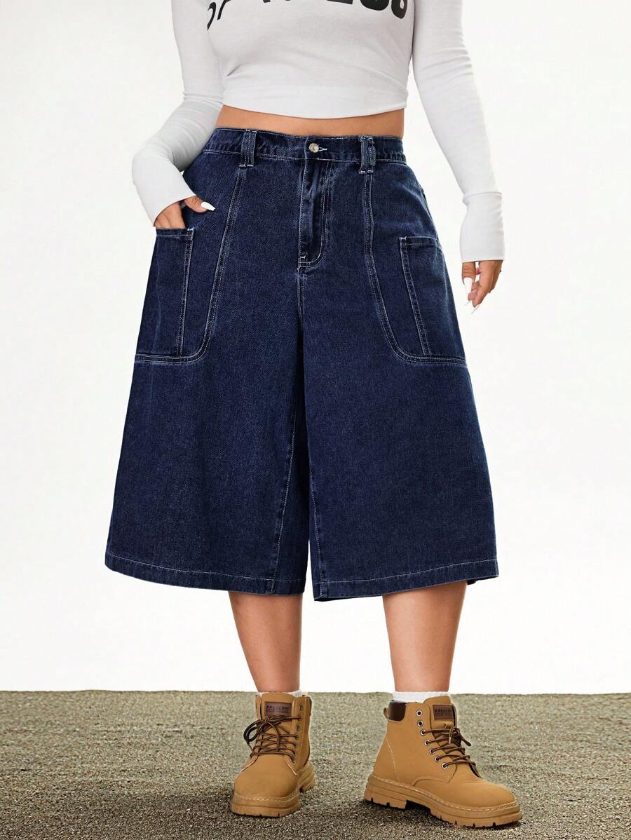Rivivi Plus Size Women Pocket Patchwork Loose Washed A-Line Wide Leg Jeans