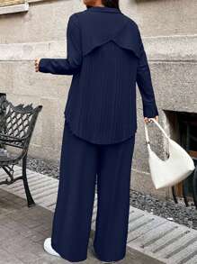Calvaya Women's Solid Color Pleated Back Top And Wide Leg Pants Casual Suit - Navy Blue - View 3