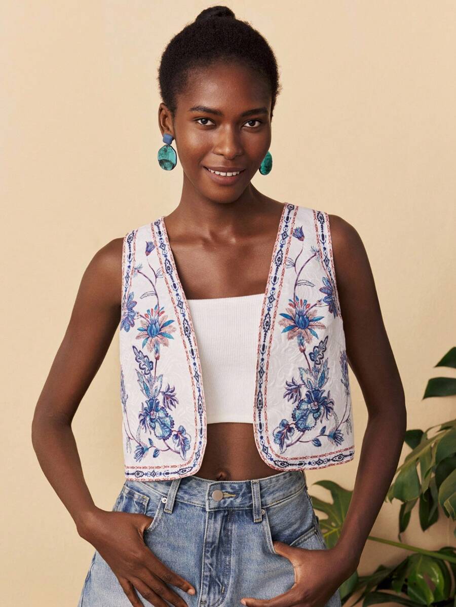 Travachic 花卉印花轻薄棉质外套、休闲度假、文艺复兴博览会、秋冬牛仔上衣 - 藍白色 - 查看 1