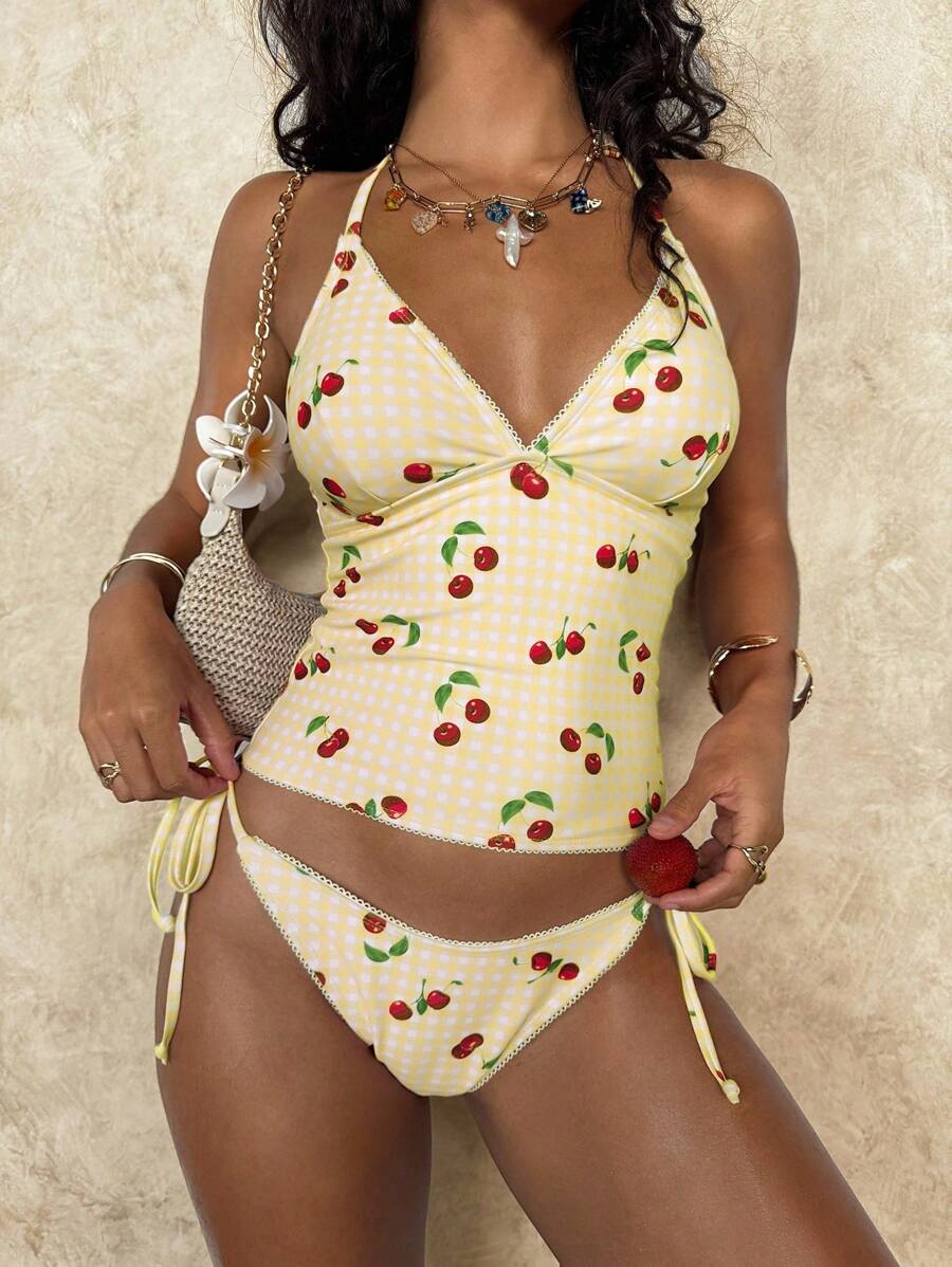 Swim Glamine Cherry Plaid Bandeau Bikini Set, Sweet Summer Style - Yellow - View 1