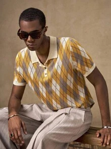 AKNOTIC Business Casual Áo thun nam tay ngắn dệt kim, dáng rộng, mặc hàng ngày, mặc mùa hè, họa tiết hình học Argyle, mặc đi nghỉ mát cho nam thập niên 70 - Màu Khaki - Xem 1