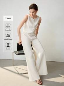 Uhlyne Women's Linen Casual & Elegant Spring, Fashionable Basic Everyday Commuting High-End Feel, Old Money Style Fake Button Design Pants,Autumn,Minimalist,Business Casual,Holiday,Work Wear,Teacher,Back To School,Fall - Apricot - View 1