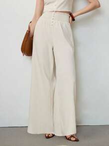 Uhlyne Women's Linen Casual & Elegant Spring, Fashionable Basic Everyday Commuting High-End Feel, Old Money Style Fake Button Design Pants,Autumn,Minimalist,Business Casual,Holiday,Work Wear,Teacher,Back To School,Fall - Apricot - View 7