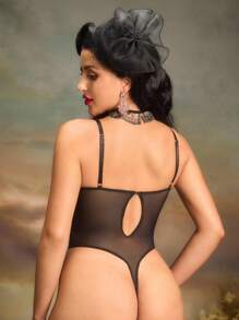 SHEIN 1pc Women's Sexy Bodysuit (Bodysuit With Neckpiece), Going Out Vintage - Black - View 3