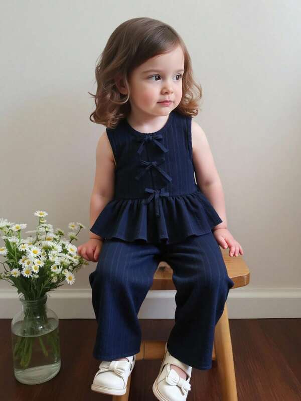 SHEIN Vintaside Kids 2pcs/Set Infant & Toddler Girls Navy Blue Sleeveless Ruffle Collar Shirt And Elastic Waist Pants Set, Bow Decor, Comfortable And Cute, Suitable For Spring/Summer/Autumn