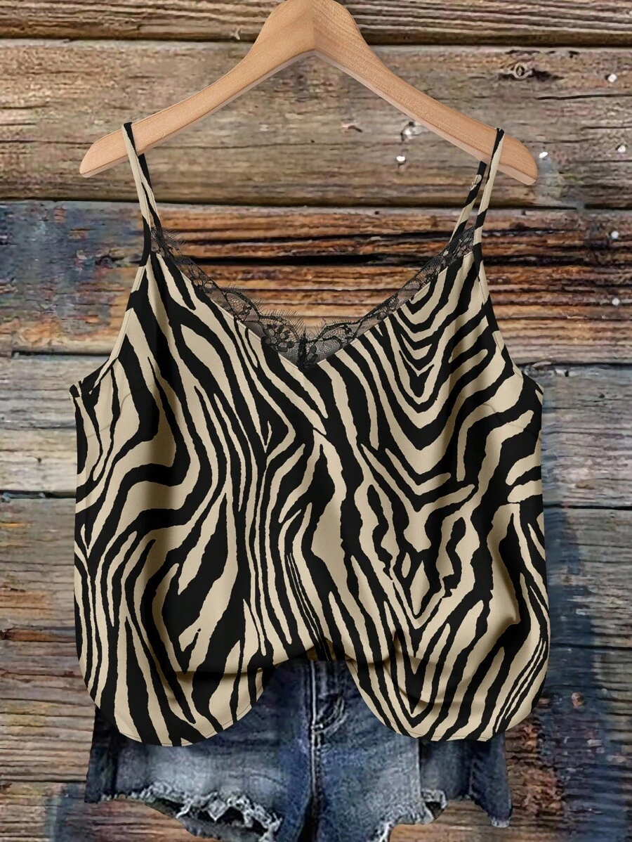 EMERY ROSE Débardeur femme grande taille avec rayures et imprimé zébré contrastés en dentelle, adapté pour l'été