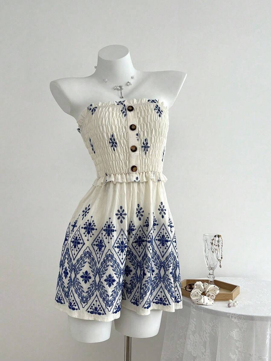 Flirla Spring/Summer Casual Versatile Romper With Embroidery Design - White - View 1