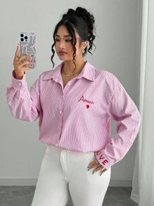 Elenzga Plus Size Women's French Style Striped Embroidered Heart Shirt Fall Cloth For Women - Pink - View 6