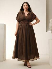 Anewsta Plus Size Women Summer V-Neck Ruched Shoulder Sleeve Dress, Suitable For Beach Vacation - Coffee Brown - View 5