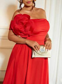Cravure 大码女式玫瑰花露肩喇叭下摆优雅连衣裙，性感红色 - 紅色 - 查看 3