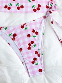 Women's Fashionable Sexy Bikini Swimsuit Set, Tie-Up Cherry Sweet Print, Elastic Fabric, Adjustable Shoulder Strap, Summer Cherry Bikini Cherry Print Bikini Cherry Bathing Suit Women Two Piece Cherry Swimsuit Gingham Cherry Bikini - Multicolor - View 4