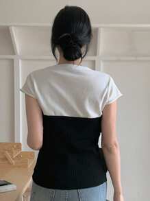 DAZY Women's Patchwork Contrast Color Round Neck Short Sleeve Casual Knit Top, Summer - Black - View 2