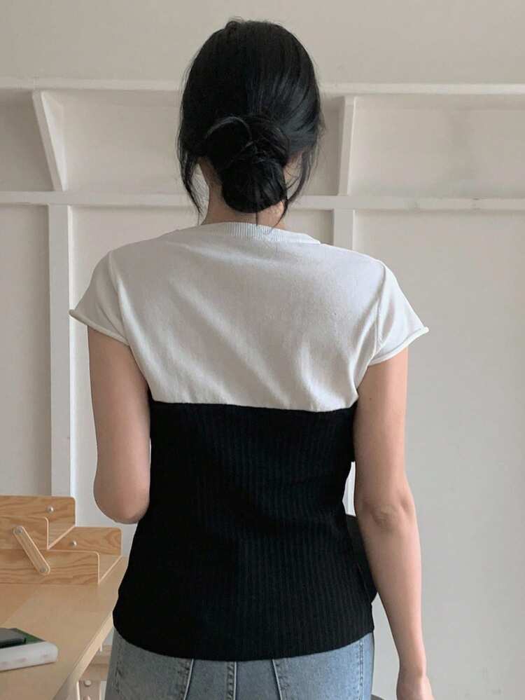 Women's Patchwork Contrast Color Round Neck Short Sleeve Casual Knit Top, Summer