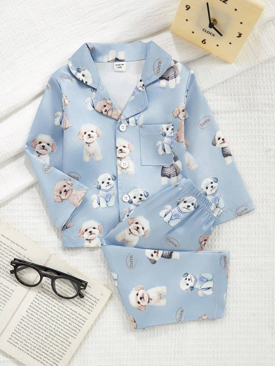Infant/Toddler Boys Cute Puppy Print Long Sleeve Collar & Long Pants 2-Piece Pajama Set - Multicolor - View 1