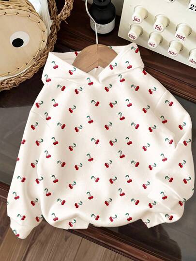 SHEIN Cream-White, Retro Mini Cherry Pattern, Baby Girl Casual Loose Soft Knitted Hoodie Sweatshirt, Comfortable And Simple, Suitable For Autumn/Winter Cherry Baby Clothes Baby Girl Clothes Baby Girl Hoodie Newborn Baby Girl Clothes Baby Girl Sweatshirt Fall