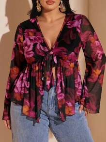 SHEIN BAE Plus Size Vintage Paisley Print Front Tie Knit Top, Flare Sleeve Sheer Mesh Printed Blouse, Summer Vacation/Long Sleeve Top/Summer Top/Formal Top For Women/Fall Wedding Guest Top Curve/Club Women Sexy/Teacher/Halloween/Airport/Western/Back To School/Birthday Top