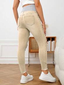 SHEIN Quần denim rách gối ôm vừa vặn cho bà bầu - Màu Khaki - Xem 2