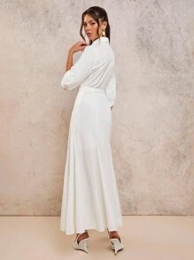 COSMINA Women's Solid Color Dress With Front Button Belt Elegant - White - View 2