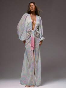 SHEIN x Eduarda Gutierrez MUSERA 花卉佩斯利印花可爱雪纺宽松长袖轻盈系带连衣裙，适合春夏性感海滩俱乐部度假婚礼宾客、秋季婚礼宾客、约会之夜、秋冬夏季穿着 - 彩色 - 查看 6