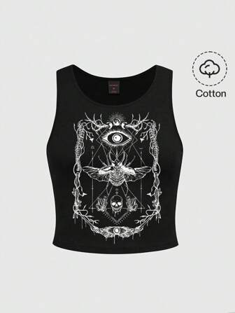 Grunge Punk Camiseta de tirantes talla grande con estampado de alas de polilla, vid espinosa y gema de bruja oscura de academia gótica, color negro