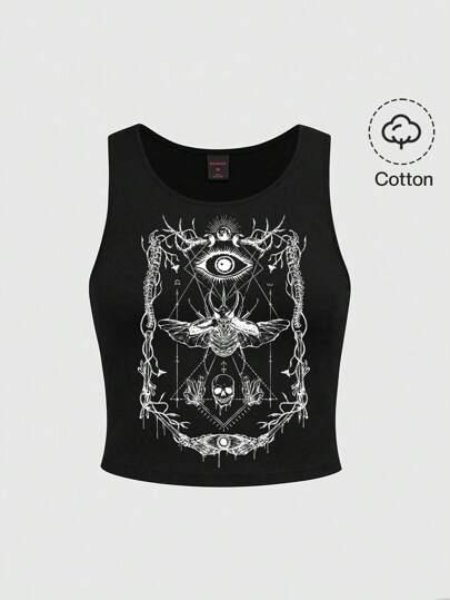 Grunge Punk Große Größen Gothic Dark Witch Academy Mottflügel Reben Dorn Edelstein Schwarz Muster Trägerhemd, Schwarz