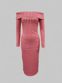 INAWLY Women's Off-Shoulder Pink Plaid Simple Casual Mini Dress - Red - View 4