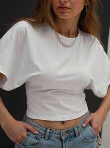 大码女式蝙蝠袖短款圆领白色T恤，休闲 - 白色 - 查看 1