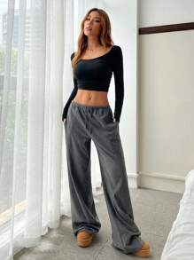 SHEIN PETITE CURVE Pantalones casuales rectos, sueltos y con cordón en la cintura con gráfico de letras para mujer de talla grande