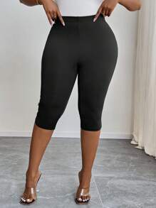 SHEIN PETITE CURVE Plus Size Summer Elastic Waist Button Decor 3/4 Leggings,European Summer, Streetwear, Suitable For People Of Shorter Stature