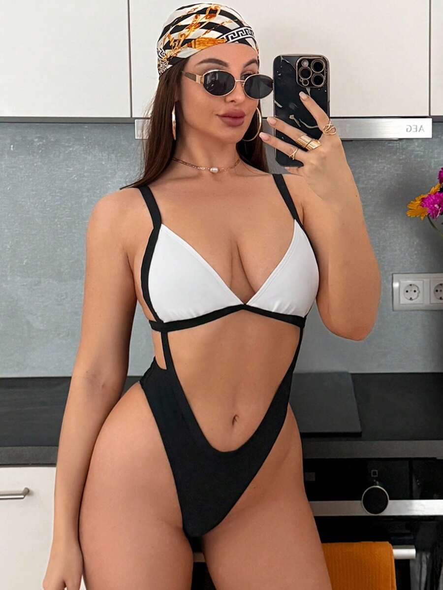 Swim SXY 1 bộ đồ bơi liền thân hở lưng gợi cảm cổ điển thanh lịch màu đen và trắng dành cho nữ, thích hợp cho bãi biển, tiệc hồ bơi và khu nghỉ dưỡng - Đen và trắng - Xem 1