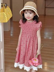 DAZY Váy midi kẻ caro thường ngày cho bé gái, ngọt ngào và tươi mới - Hồng - Xem 4