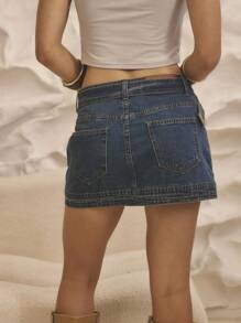 Aralina Winter / Summer Belted Seam Deatil Button Front Micro Mini Denim Skirt - Medium Wash - View 2