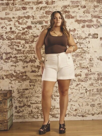 Aralina Curve High Waisted A Line Wide Leg Button Detail Summer Outfits Women Denim Casual Shorts