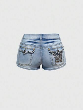Fairycore Women's Vintage Y2K Super Low Waist Ultra Short Distressed Wash Pocket Butterfly Pattern Rivet Denim Shorts