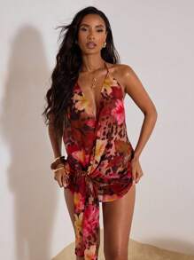 Opulessa 女士度假性感豹纹花卉印花露背迷你连衣裙