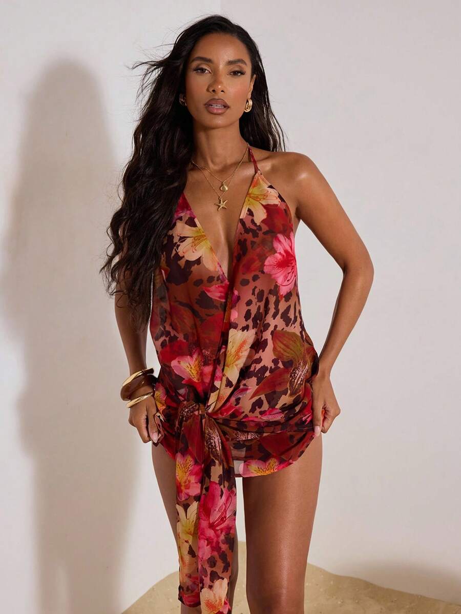 Opulessa 女士度假性感豹纹花卉印花露背迷你连衣裙