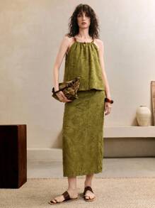 EMERY ROSE Women's Texture Fabric Pickle Green Straight Jacquard Design Back Slit Hem Midi Skirt,Summer,Vacation Boho,European Skirt Fall Cloth For Women - Green - View 5